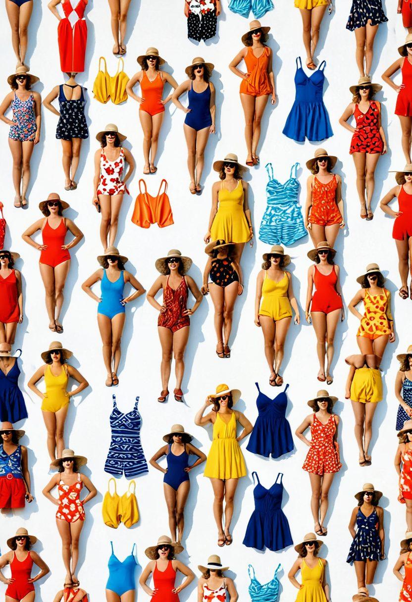 A time-lapse collage showcasing the evolution of ladies swimwear, featuring vintage styles from the 1920s to trendy modern designs, layered against a sunny beach backdrop. Include diverse models of different shapes and sizes wearing the swimsuits, emphasizing both retro and contemporary designs. The scene should radiate joy and summer vibes, with playful beach accessories like sun hats and sunglasses. Use vibrant colors for a fresh look. super-realistic. vibrant colors. white background.